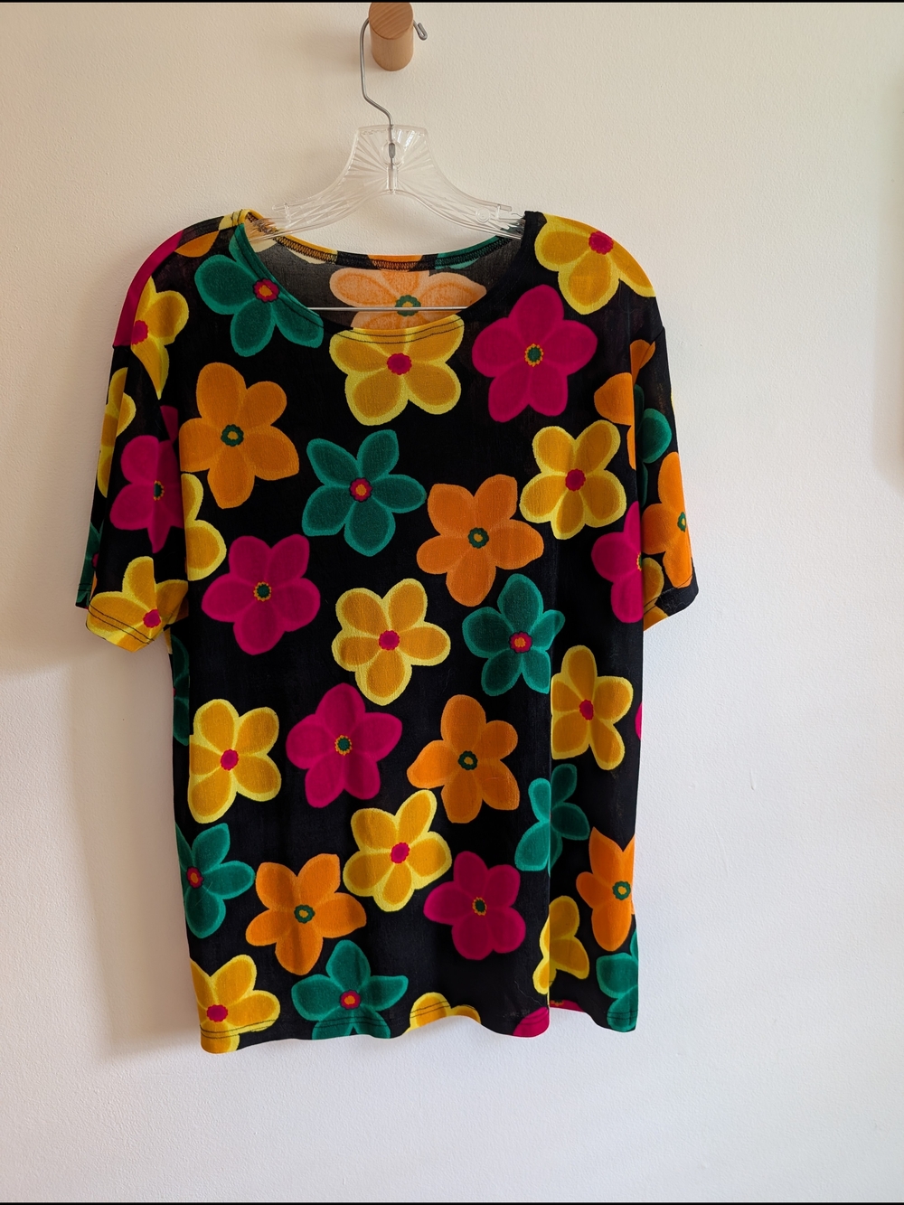 Vintage Oversized Boxy Vibrant Floral Black Tee with Multi-Color Flowers